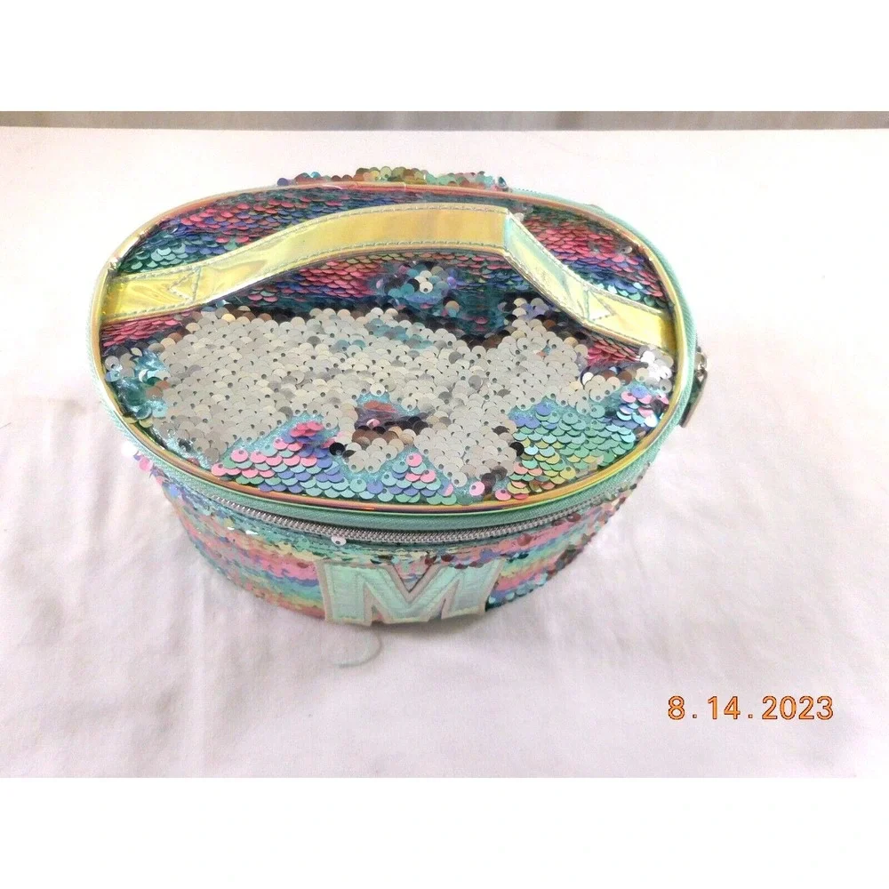 Girl's Justice Gold Flip Sequin Initial M Train Case Jewelry Makeup Case‎ Bag
